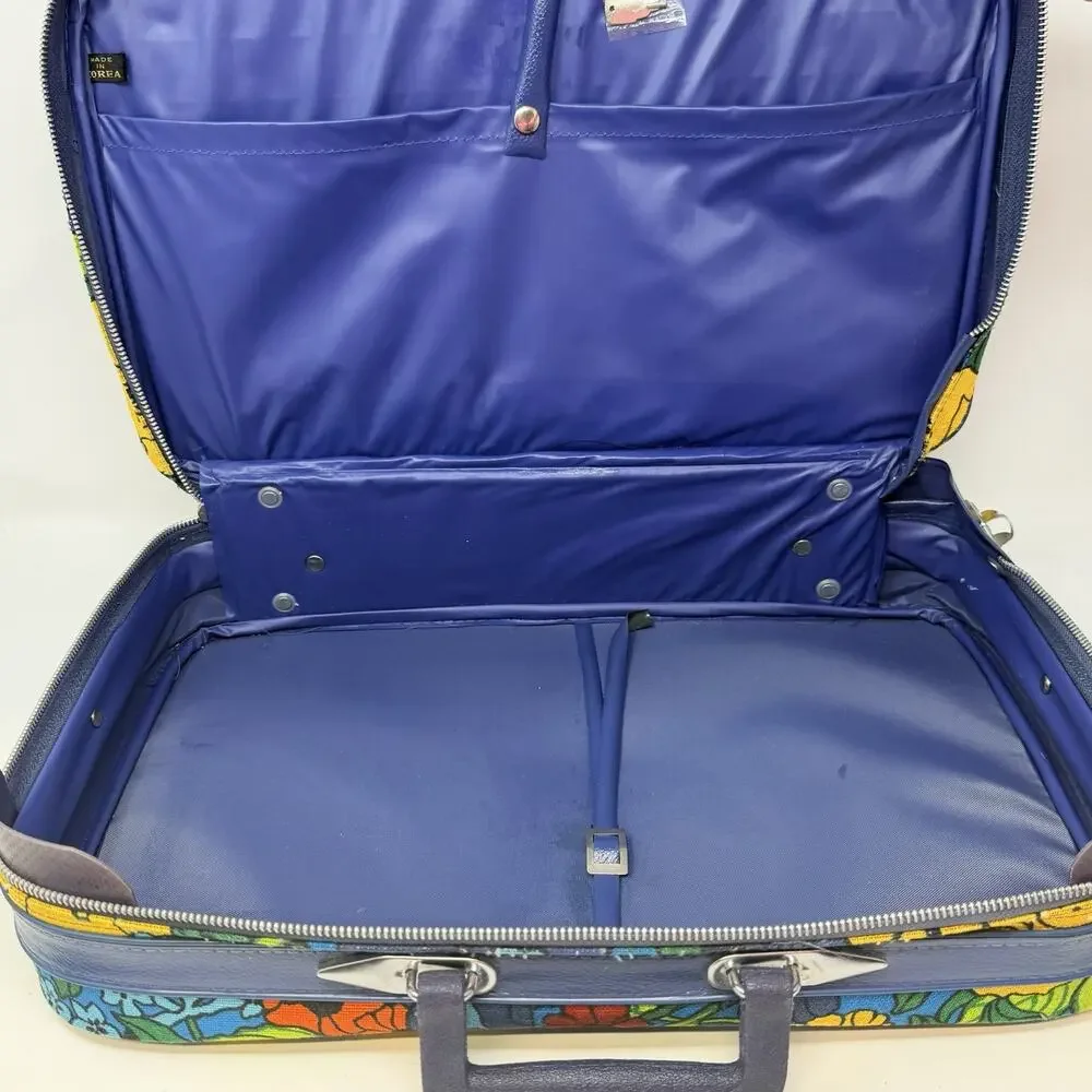 Vintage 70s Retro Suitcase Floral Flowers Flower Power Blue W/ Lock Bantam